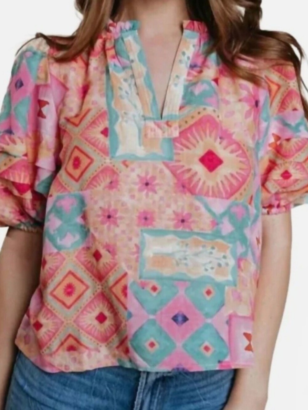 NWT Laroque XL popover Blouse Puff Sleeves V-Neck Multicolor Floral Geometric